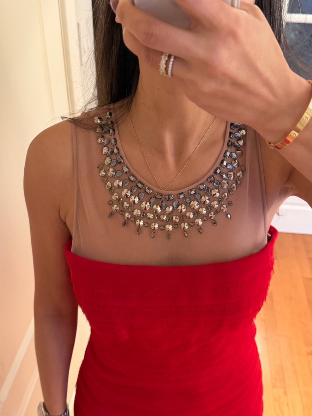 BCBGMaxAzria Red Crystal-Embellished  Ruched Mini Dress